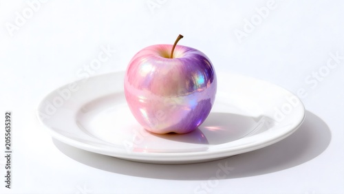 Iridescent apple on white plate