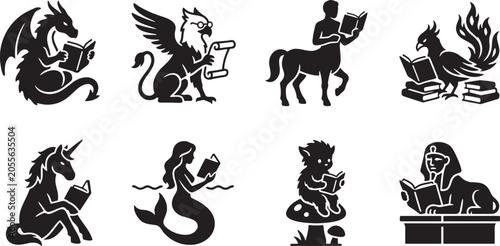 Bild auf Leinwand Fictional mythical creatures sitting down and reading interesting library books