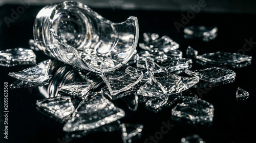 Broken glass shards scattered on a dark surface