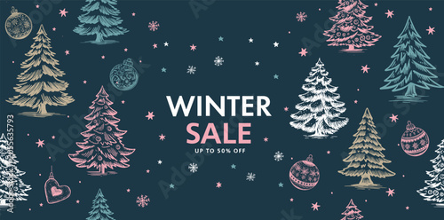 Winter sale, Christmas tree and ball set, Hand drawn illustration.	
