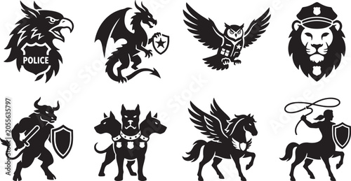 Tableau sur toile Heraldic monster guardian shields and protective medieval crest icon elements