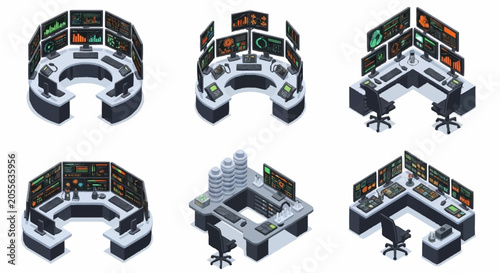 Tableau sur toile Set of isometric control rooms with multiple monitors and computer stations, illustrating technology and data monitoring