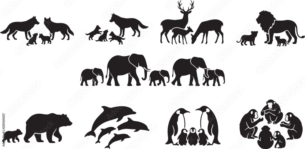 Fototapeta premium Wild animal families with mothers and cute baby cubs