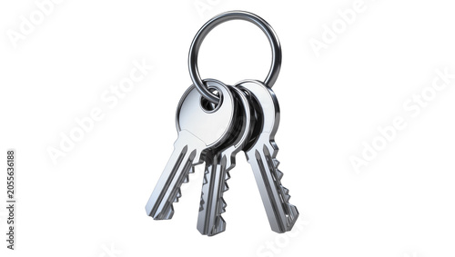 Set of three silver metal keys on a ring, isolated on transparent background