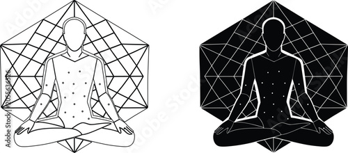Photos Abstract geometric man in lotus position, meditation, spiritual awakening, yoga practice, sacred geometry design element