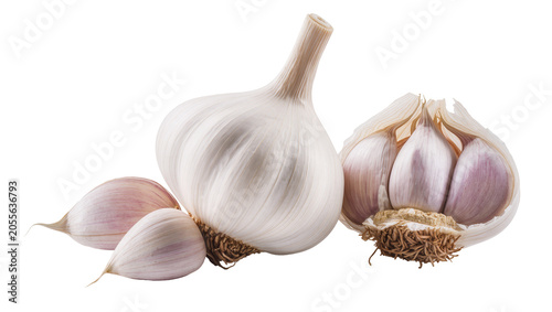 Whole and halved garlic bulbs with cloves, isolated on transparent background