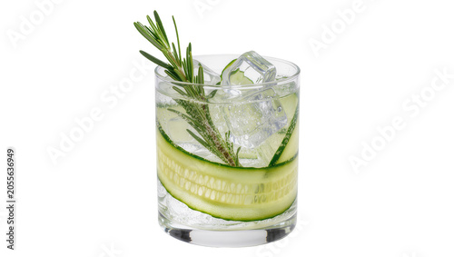 Refreshing gin cocktail with cucumber slices and rosemary sprig ice cubes, isolated on transparent background