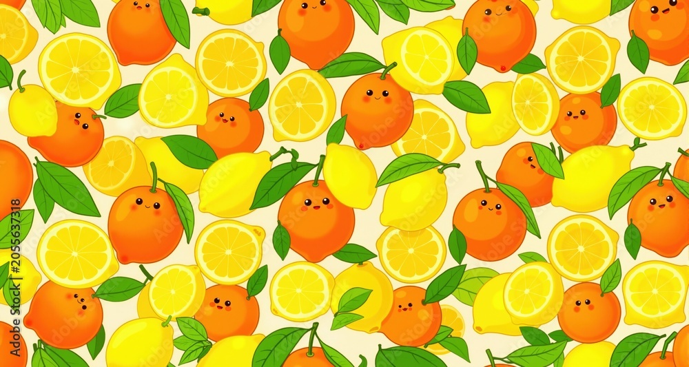 Fototapeta premium Lovely colorful vector seamless pattern with cute oranges, lemons and leaves in bright colors. 