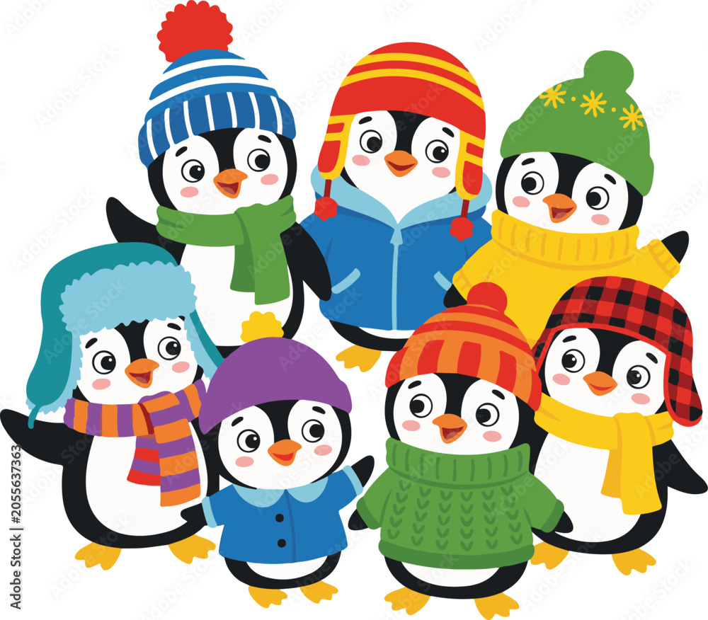 Fototapeta premium Group of cute cartoon penguins wearing colorful winter hats scarfs and sweaters
