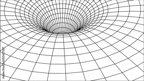 Abstract wireframe vortex tunnel grid perspective background, 3D geometric mesh hole vector illustration
