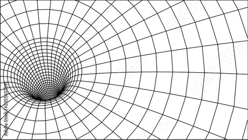 Abstract wireframe vortex tunnel grid perspective background, 3D geometric mesh hole vector illustration
