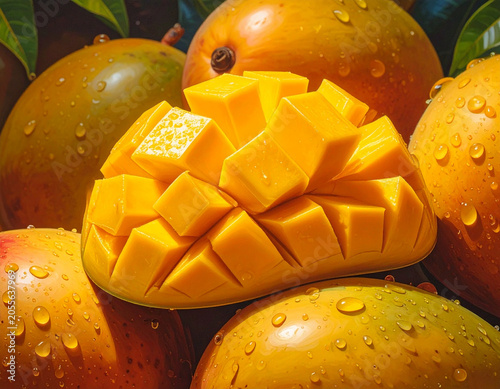 Ripe mango chunks on fresh fruit background