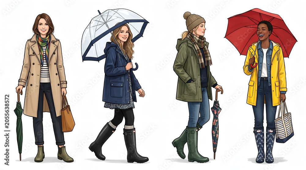 Fototapeta premium Rainy Day Fashion Illustration Collection With Four Women