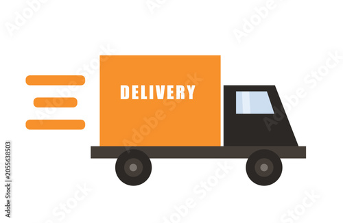 Flat illustration of delivery track orange and black color driving