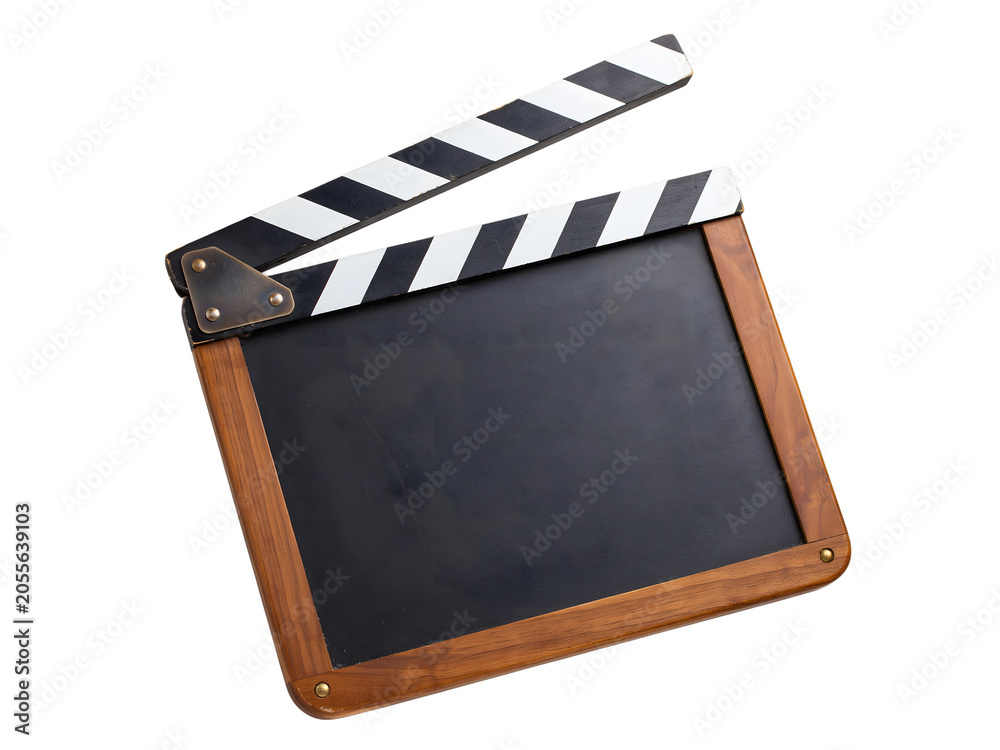 Fototapeta premium Black movie clapperboard with wooden frame tilted on transparent background.