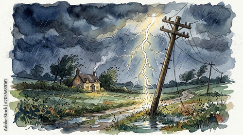 Lightning strike near power pole during a stormy night with dark clouds