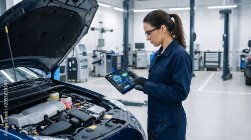Female auto mechanic using a digital diagnostic tablet to inspect car engine in a modern automotive service center, electric vehicle maintenance, generative AI