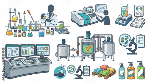 Chemical lab research and factory production vector illustration. Bioreactor tank, quality control data screens, scientific equipment, and soap manufacturing.