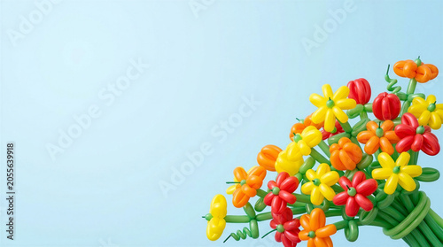 Balloon flower bouquet with colorful petals on a light blue background, with copy space