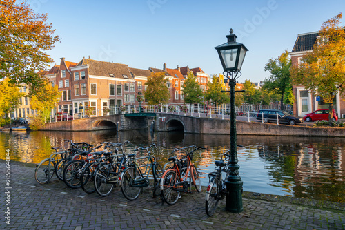 Bikes Parked on the New Rhine Nieuwe Leiden Netherlands. Bikes parked on the New Rhine canal in the historic center of Leiden, Netherlands.
