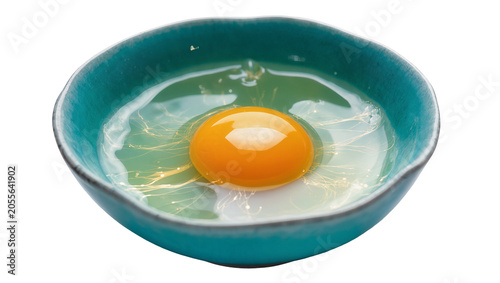 Schilderij op canvas Raw egg yolk and white in a teal ceramic bowl, isolated on transparent backgroun