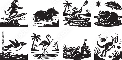 Photography Cute cartoon wild animals enjoying fun summer vacation activities