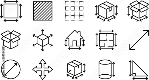 Fotografía Set of size and dimension line icons, such as square, grid, box, house, cylinder, and more