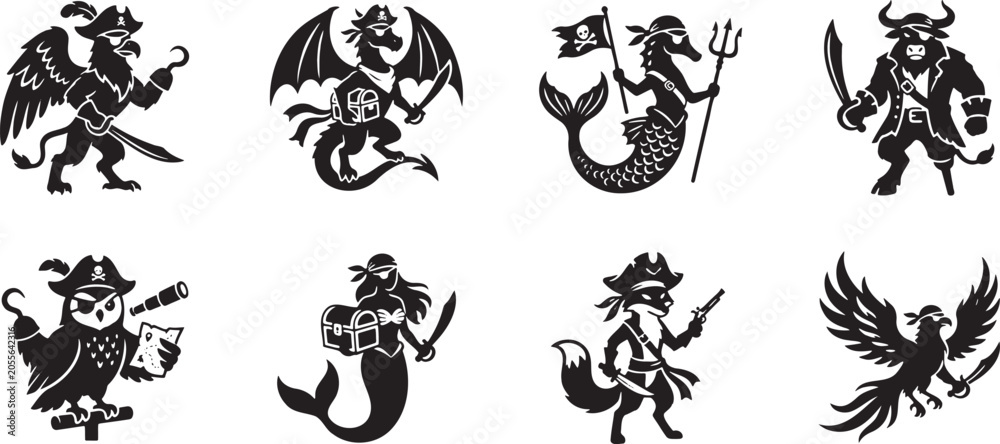 Obraz premium Fantasy animal pirate captains with swords and treasure chests