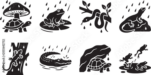 Εκτύπωση καμβά Reptiles and amphibians enduring rainy nature environment
