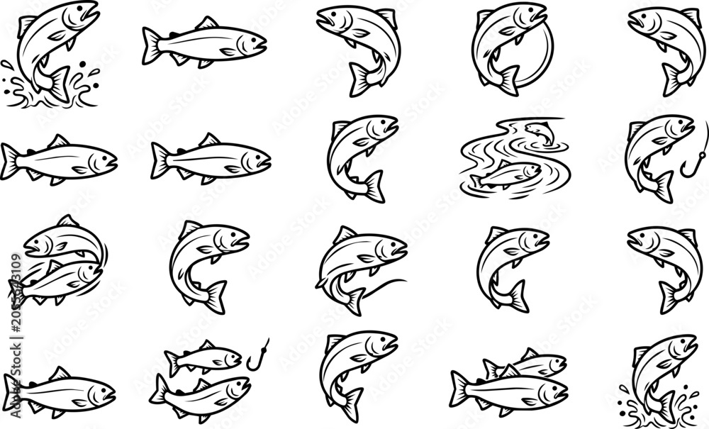Obraz premium Salmon Fishing Vintage Logo Illustration Collection Set