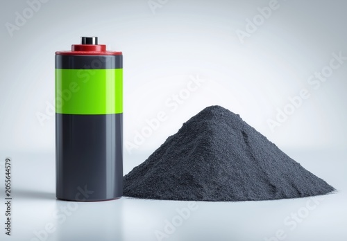 A lithium iron phosphate battery stands next to a mound of black powder on a smooth surface in a minimalist setting