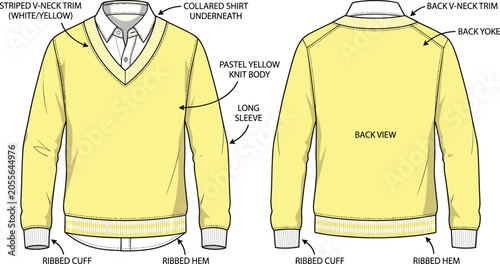 Tableau sur toile Striped trim v neck pullover sweater over collared shirt vector flat sketch back yoke and ribbed details view