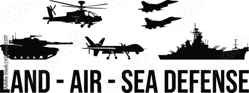 Canvastavla Military defense concept with land, air, and sea vehicles including tanks, fight
