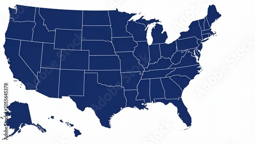 is a simple, flat style map of the United States of America, featuring a solid dark blue color against a white background.