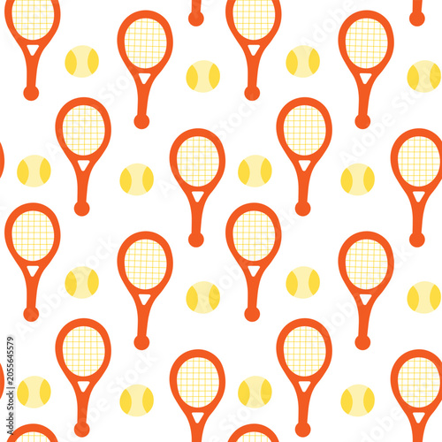 Seamless pattern illustration of tennis rocket with ball in red and yellow color.