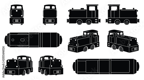 Foto Industrial Shunter Narrow Gauge Locomotive Silhouette Set — Mine Rail Engine Vec