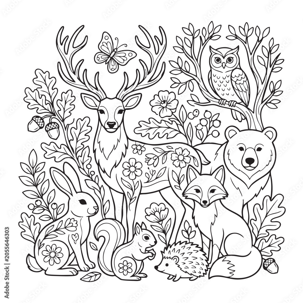 Fototapeta premium Woodland animals, forest creatures, wildlife illustrations, coloring book page, black and white