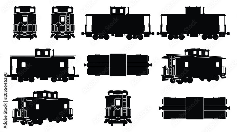 Obraz premium Railway Caboose Guard Car Silhouette Set — Vintage Freight Train Wagon Vector Icons Isolated on White