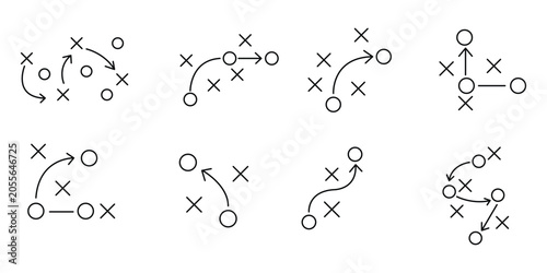 Football Strategy Playbook Icons Set, Tactical Game Plan Diagrams with X and O Players, Movement Arrows. Grid of 8 sports strategy diagrams using symbolic player icons. 