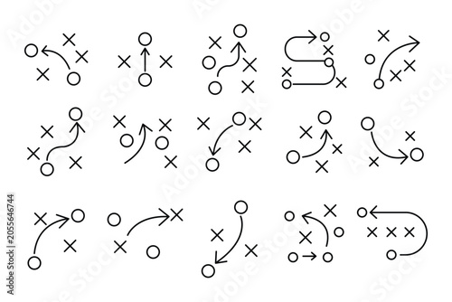 Football Strategy Playbook Icons Set, Tactical Game Plan Diagrams with X and O Players, Movement Arrows. Grid of 8 sports strategy diagrams using symbolic player icons. 
