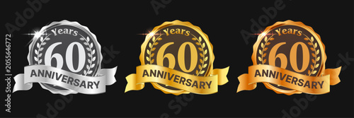 60 Years Anniversary Badge Collection with Silver, Gold and Bronze Luxury Ribbon Emblems Vector Set