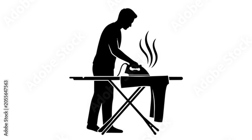 Man ironing clothes on an ironing board black silhouette against a white background