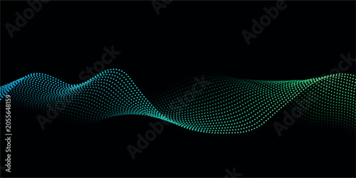Flowing dots particles wave pattern green and blue isolated on yellow, orange background gradient. Vector in concept of technology, science, music, modern.