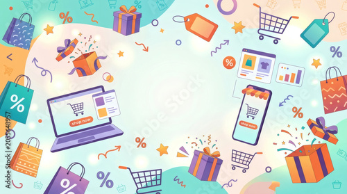 Colorful e-commerce promotion background featuring shopping carts, gift boxes, discount tags, laptops, smartphones. Flat style with festive confetti stars