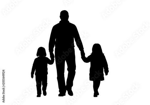 A father and his two children walking hand in hand isolated on transparent background, PNG
