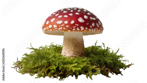 Red and white spotted Amanita muscaria mushroom on green moss, isolated on transparent background
