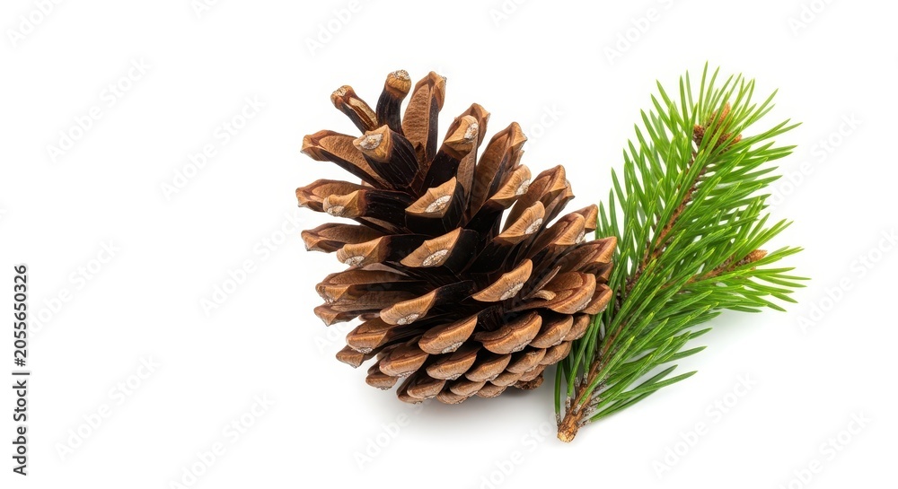 Fototapeta premium Brown pine cone with a green fir branch isolated on white background