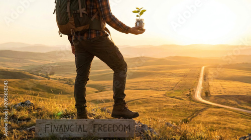 Hiker holding jar with growing plant on hilltop at sunset with financial freedom sign