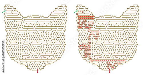 Schilderij op canvas Cat maze puzzle with intricate pathways and clear start and end points for engaging entertainment