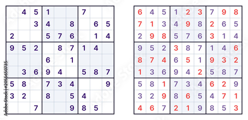 Tableau sur toile Classic Sudoku puzzle easy difficulty with hints 46 out of 81 and alternating 3x3 blocks